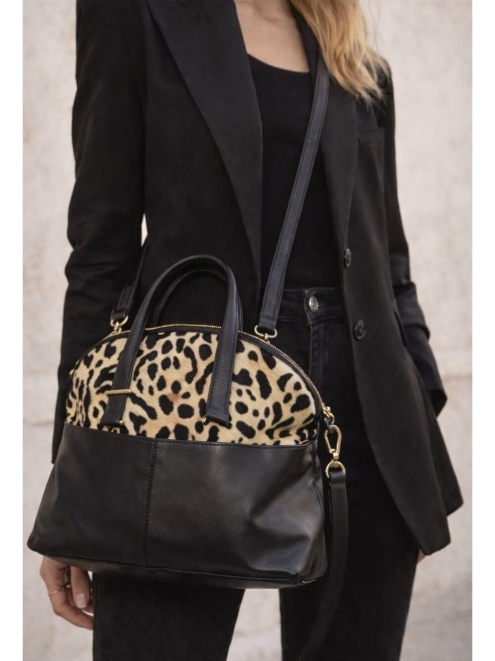 Aqua Madonna Leopard Calf Hair Leather Satchel Crossbody Bag Black Gold Hardware